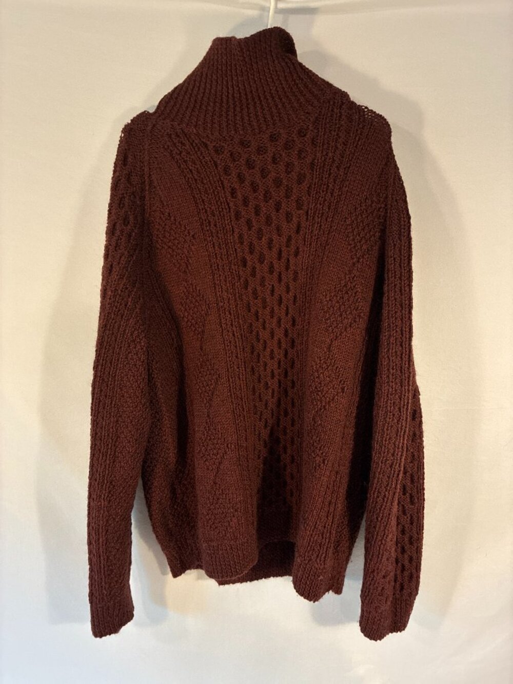 Burgundy Pointelle Cable Knit Mock Neck Sweater Relaxed Fit Cozy Fall Pullover